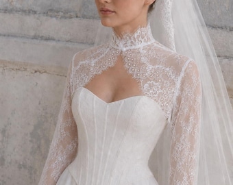 Chantilly Lace Bridal Bolero With Open Back And Eyelash Lace Edging – Long Sleeve Wedding Top With High Collar