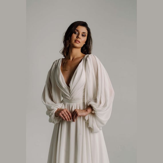 Ivory Chiffon Wedding Dress: Detachable Bishop Sleeves, Plunge Neck