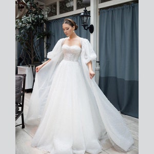 Wedding bridal cape long sleeve with train — Pearl organza tulle cape add on  — Bridal robe long train — Detachable sleeves with cape veil