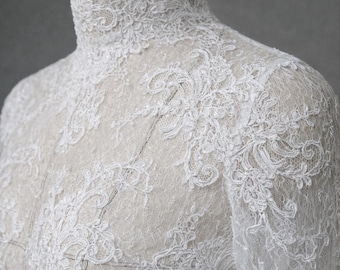 Lace Bridal Top Off White Wedding Blouse – High Neck Long Sleeve Lace Top – Sheer Bridal Separates Keyhole Back