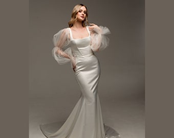 Satin Mermaid Wedding Dress: Square Neck, Long Train, Detachable Sleeves