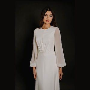 Simple crepe wedding dress long sleeves — engagement reception wedding dress — courthouse wedding dress — elopement second wedding dress
