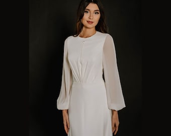 Minimalist Crepe Wedding Dress: Long Chiffon Sleeves, Elopement Gown