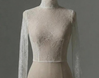 Lace Bolero waist Top long sleeve pearl buttons back — Chantilly lace sheer wedding jacket — Bridal shrug add on, turtleneck cover overlay