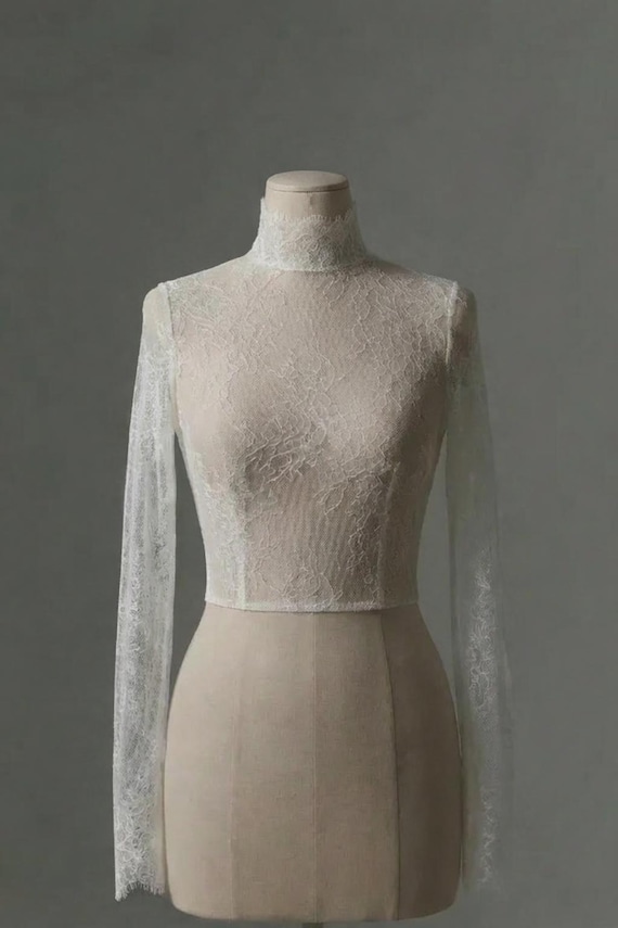 Lace Bolero waist Top long sleeve pearl buttons back — Chantilly lace sheer wedding jacket — Bridal shrug add on, turtleneck cover overlay