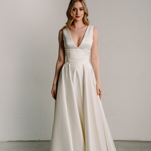 Simple Satin plunge wedding dress sleveless — Minimalist courthouse A line wedding dress — Sexy bohemian wedding dress — Modest V back dres