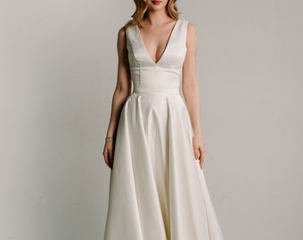 Satin Plunge Wedding Dress: Minimalist A-Line Bridal Gown