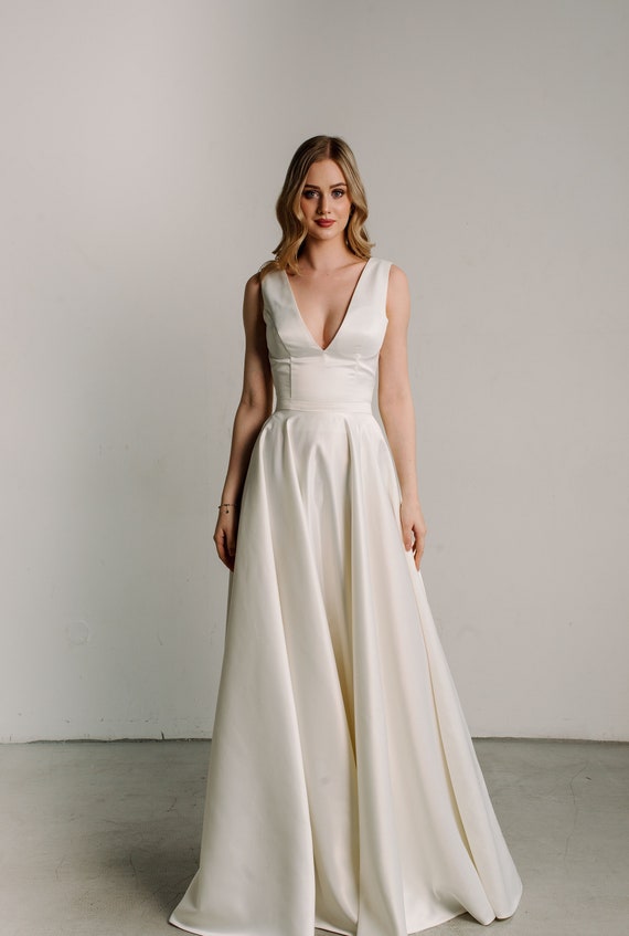 satin plunge wedding dress Strapless Simple Satin Ballgown Wedding Dress