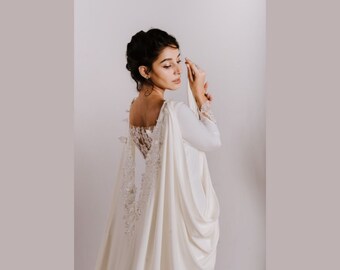 Beaded Lace Crepe Wedding Cape with Train - Bridal Gown Add-On