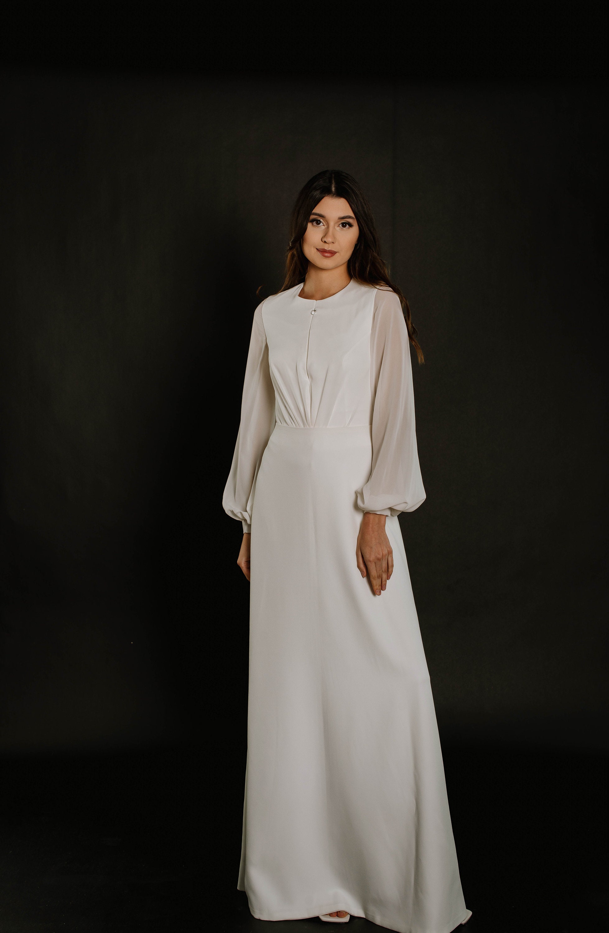 Bishop Sleeves Chiffon V-neck Dress with Bow Dusty Rose