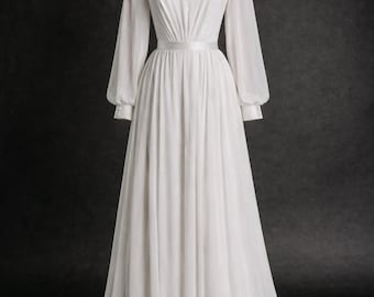 Ivory Chiffon Wedding Dress – Long Bishop Sleeve, Fit & Flare