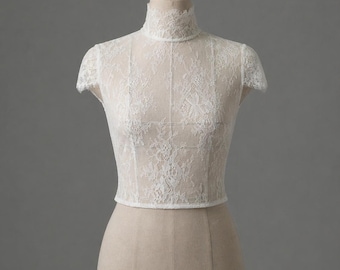 High Neck Bridal Topper – Chantilly Lace Wedding Top – Cap Sleeve Light Ivory Bridal Blouse with Keyhole Back