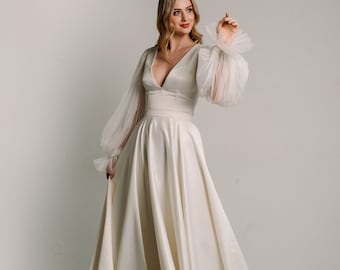 SAMPLE SALE Satin A-Line Wedding Dress – Tulle Bishop Sleeves, Corset
