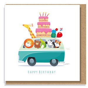 May include: A square greeting card featuring a teal van carrying a giraffe, lion, bear, crocodile, zebra, and tiger. A three-tier pink birthday cake and colourful gift boxes sit on the roof. The text HAPPY BIRTHDAY is printed in blue at the bottom.