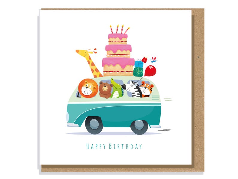 May include: A square greeting card featuring a teal van carrying a giraffe, lion, bear, crocodile, zebra, and tiger. A three-tier pink birthday cake and colourful gift boxes sit on the roof. The text HAPPY BIRTHDAY is printed in blue at the bottom.