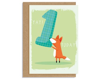 Age 1 Birthday Fox card/Age 1 Child Birthday card/ animal card/ 1st Birthday card/ children's colourful birthday card/ Baby's 1st Birthday