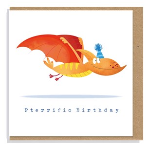 May include: A square greeting card featuring a cartoon pterodactyl with orange and yellow skin, large red wings, and a blue striped party hat with a pom-pom. The text Pterrific Birthday is printed in blue below the flying dinosaur illustration.