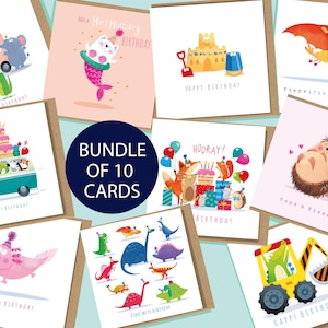 May include: A bundle of 10 square greeting cards featuring colourful cartoon illustrations of animals, dinosaurs, and vehicles. Each card displays a unique birthday-themed graphic, including an ice cream truck, a mermaid cat, a sandcastle, and a construction excavator, with various celebratory text captions printed on white backgrounds.