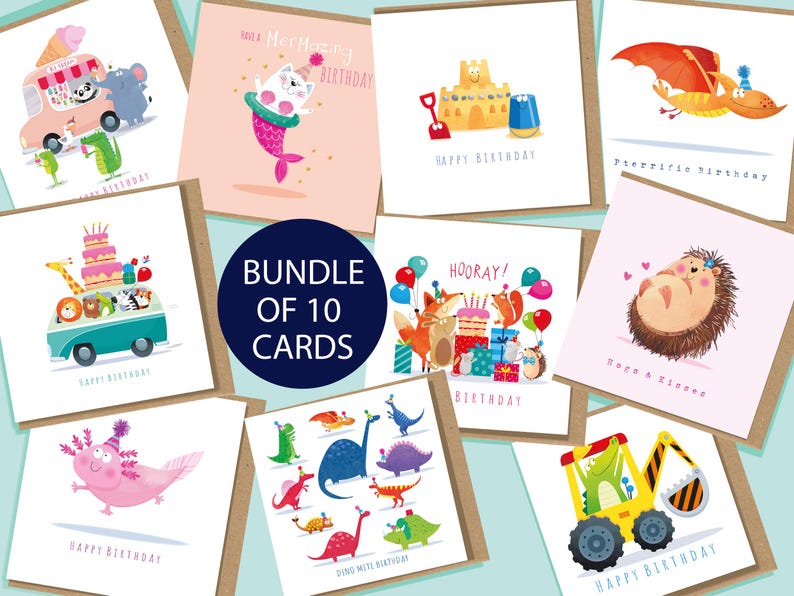 May include: A bundle of 10 square greeting cards featuring colourful cartoon illustrations of animals, dinosaurs, and vehicles. Each card displays a unique birthday-themed graphic, including an ice cream truck, a mermaid cat, a sandcastle, and a construction excavator, with various celebratory text captions printed on white backgrounds.