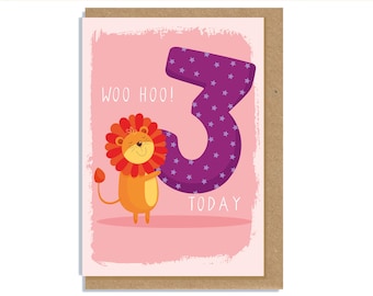 Age 3 Birthday Lion card/Age 3 Child Birthday card/ kids animal card/ 3rd Birthday card/ children's colourful birthday card/