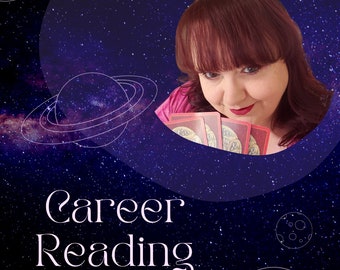 May include: A woman with red hair holds tarot cards in front of her face. The background is a dark blue with white stars and planets. The text "Career Reading" is written in white cursive letters.