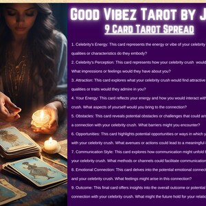Puede incluir: Un despliegue de cartas de tarot con nueve cartas dispuestas sobre una mesa con velas. El despliegue se titula "Good Vibez Tarot by Jess 9 Card Tarot Spread". El texto describe el significado de cada carta en el despliegue.