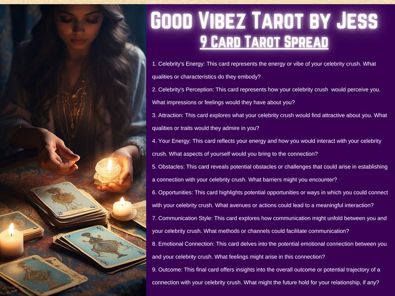 Puede incluir: Un despliegue de cartas de tarot con nueve cartas dispuestas sobre una mesa con velas. El despliegue se titula "Good Vibez Tarot by Jess 9 Card Tarot Spread". El texto describe el significado de cada carta en el despliegue.