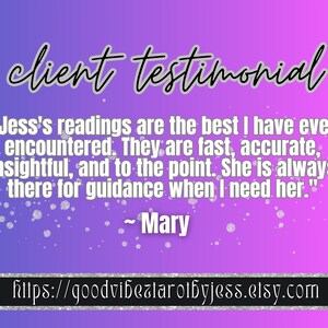 May include: A gradient purple and pink background with the words "client testimonial" in cursive. A quote from Mary praises Jess's readings. The Etsy shop URL is at the bottom.
