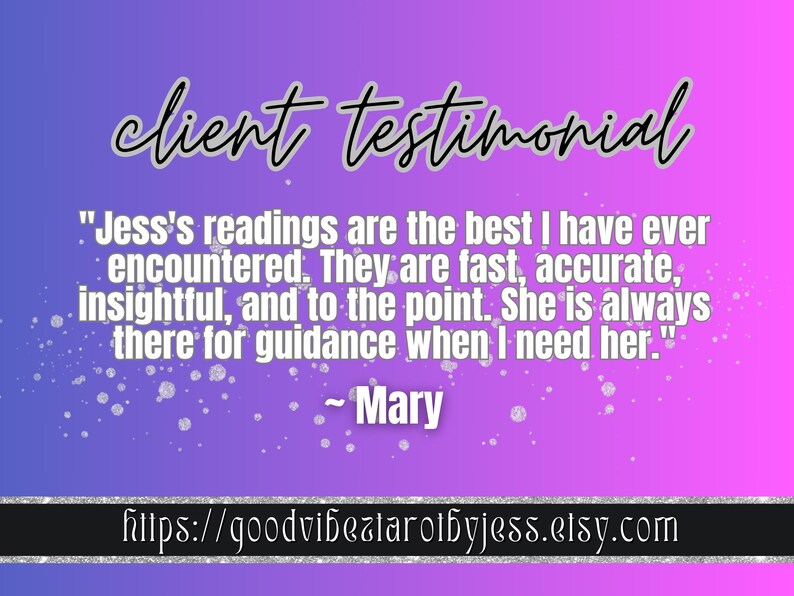 May include: A gradient purple and pink background with the words "client testimonial" in cursive. A quote from Mary praises Jess's readings. The Etsy shop URL is at the bottom.