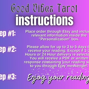 May include: Instructions for Good Vibes Tarot readings are displayed on a gradient purple and pink background. The text includes steps for ordering, delivery times, and receiving the reading via Etsy messenger.