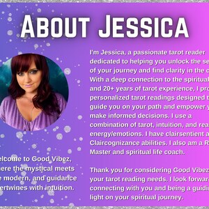 May include: An image with a purple and blue gradient background features the text "ABOUT JESSICA" and a photo of a woman. The text describes Jessica as a tarot reader with 20+ years of experience, offering personalized readings.