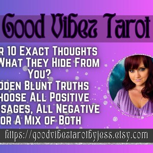 May include: A promotional graphic for "Good Vibez Tarot" with a purple and pink gradient background. Text includes "5 or 10 Exact Thoughts", "Hidden Blunt Truths", and a website address. A woman with red hair is in a circular frame.