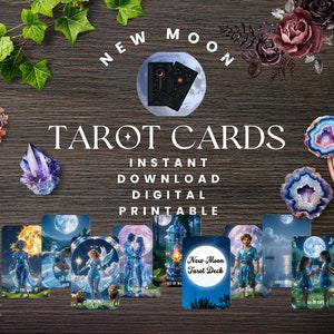 Wydrukowalna talia kart Tarota na Nowy Księżyc/Darmowy arkusz ćwiczeń Tarota i słowa kluczowe/Wydrukowalne karty Tarota/Talia kart Tarota/Talia Tarota/Pobieranie cyfrowe