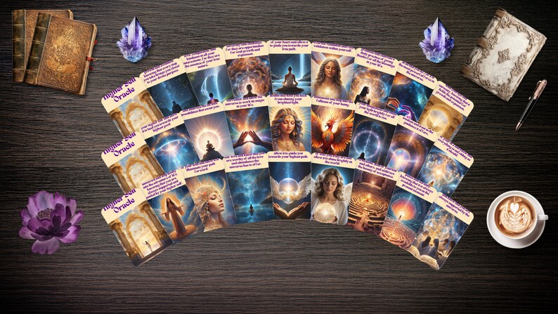 Puede incluir: Un juego de cartas "Higher Self Oracle" extendido sobre una superficie de madera oscura. Las cartas presentan ilustraciones celestiales y temas espirituales. Tambi&eacute;n hay dos libros antiguos, cristales, un bol&iacute;grafo, una taza de caf&eacute; y una flor morada.
