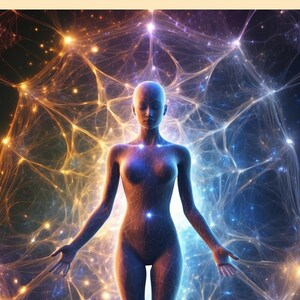 Puede incluir: Ilustraci&oacute;n digital de una figura desnuda y brillante, rodeada por una red de luz y energ&iacute;a. La imagen incluye el texto: "Honra la chispa divina dentro de ti y reconoce el potencial infinito que reside en tu coraz&oacute;n."