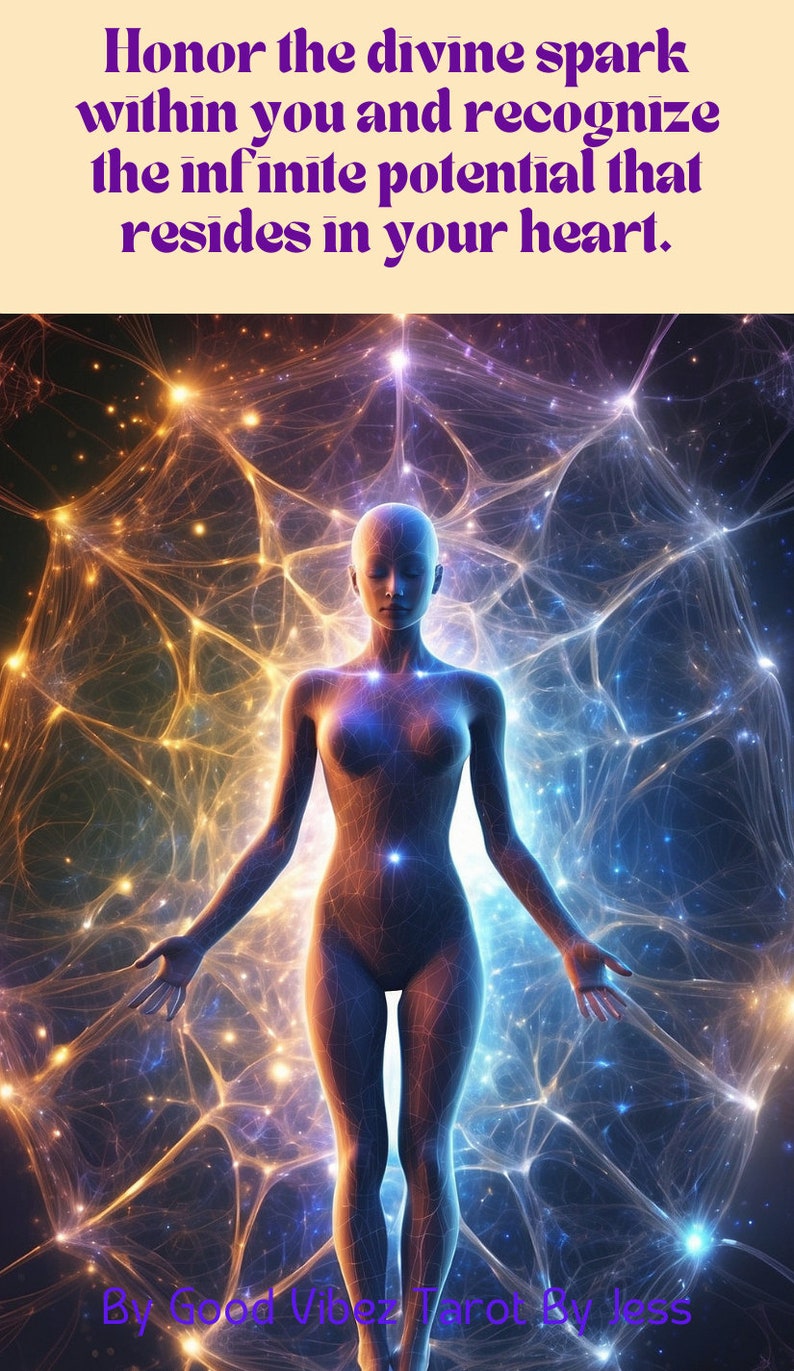 Puede incluir: Ilustraci&oacute;n digital de una figura desnuda y brillante, rodeada por una red de luz y energ&iacute;a. La imagen incluye el texto: "Honra la chispa divina dentro de ti y reconoce el potencial infinito que reside en tu coraz&oacute;n."