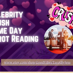 Puede incluir: Un fondo morado con corazones rosas y el texto "Celebrity Crush Same Day Tarot Reading". Una alfombra roja conduce a una limusina con tres personas de pie frente a ella. El texto "CRUSH!" est&aacute; en un bocadillo de di&aacute;logo rosa. El texto "www.etsy.com/shop/GoodVibezTarotByJess" est&aacute; en la parte inferior de la imagen.