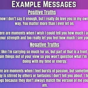 May include: A graphic with the title "EXAMPLE MESSAGES" in white text on a purple and pink gradient background. The text is divided into "Positive Truths" and "Negative Truths", each with two statements.