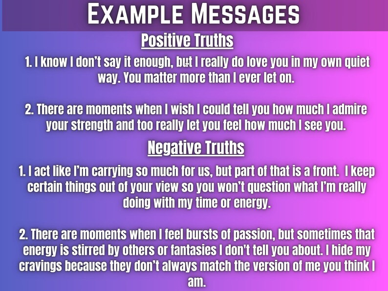May include: A graphic with the title "EXAMPLE MESSAGES" in white text on a purple and pink gradient background. The text is divided into "Positive Truths" and "Negative Truths", each with two statements.