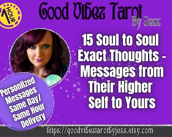Op de afbeelding: Een paarse afbeelding met de tekst "Good Vibes Tarot By Jess". Het bevat een portret van een vrouw in een cirkel en de tekst "15 Soul to Soul Exact Thoughts - Messages from Their Higher Self to Yours."