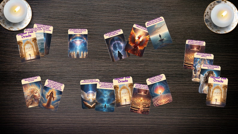 Puede incluir: Un conjunto de cartas de or&aacute;culo con im&aacute;genes celestiales y espirituales, incluyendo un f&eacute;nix y &aacute;ngeles, dispuestas sobre una superficie de madera oscura. Tambi&eacute;n se ven dos velas encendidas en candelabros decorativos.