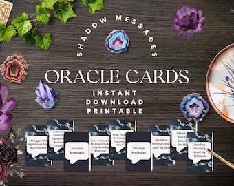May include: An arrangement of oracle cards with the text "ORACLE CARDS" and "SHADOW MESSAGES". The cards are surrounded by decorative elements including crystals, flowers, and a cup of coffee. The words "INSTANT DOWNLOAD PRINTABLE" are also visible.