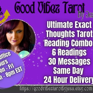 May include: Purple promotional graphic for "Good Vibe Tarot by Jess." The image includes a photo of a woman, and text promoting a tarot reading combo with 6 readings, 30 messages, and same-day 24-hour delivery.