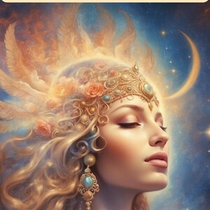 Puede incluir: Ilustraci&oacute;n digital de una mujer con los ojos cerrados, adornada con una corona dorada, pendientes y collar. La imagen presenta un fondo celestial con una luna creciente y estrellas. El texto en la parte superior dice: "Con&eacute;ctate con la sabidur&iacute;a de tu alma y perm&iacute;tele iluminar tu camino."