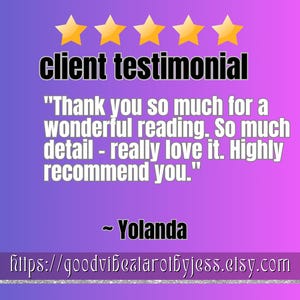 May include: A client testimonial graphic with a purple and pink gradient background. The text reads "client testimonial" above a customer quote and the name "Yolanda". The Etsy shop URL is at the bottom.