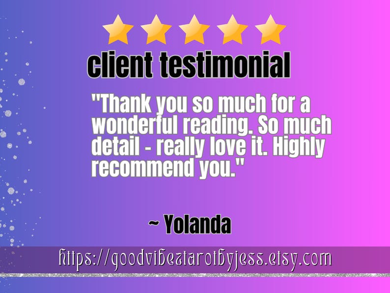 May include: A client testimonial graphic with a purple and pink gradient background. The text reads "client testimonial" above a customer quote and the name "Yolanda". The Etsy shop URL is at the bottom.