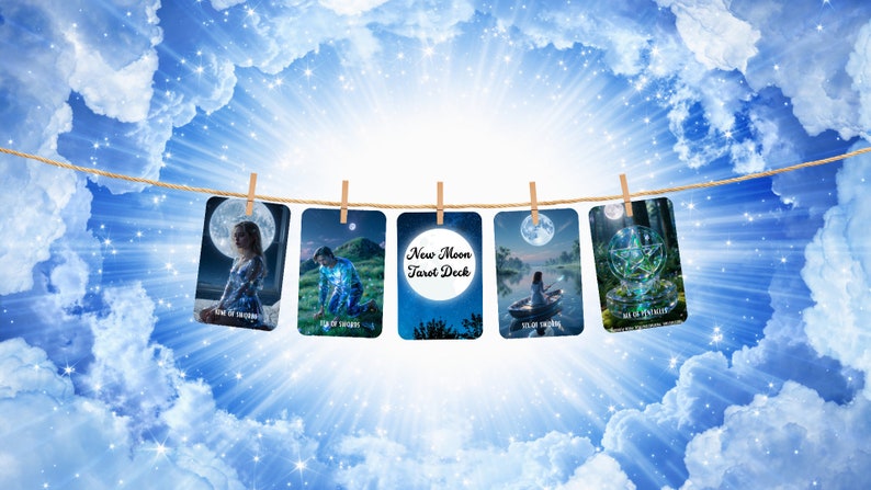 Puede incluir: Un juego de cartas de tarot colgadas de una cuerda con pinzas de madera, sobre un fondo de cielo azul. Las cartas muestran escenas de luz de luna y figuras, con la carta central que dice "New Moon Tarot Deck".