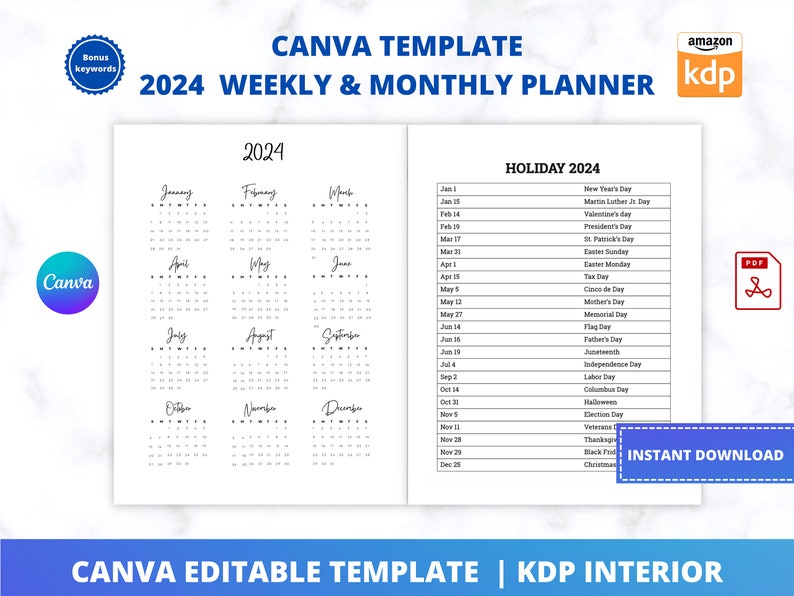 Monthly Weekly Planner 2024 CANVA Template Fully Editable