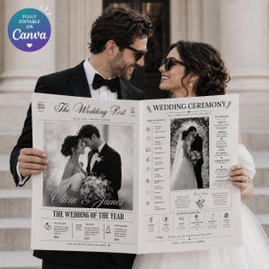 May include: A wedding program designed as a newspaper titled The Wedding Post, featuring black and white photos of a couple, wedding ceremony details, a schedule of events, and the text Olivia & James, The Wedding of the Year, and Love, Olivia & James.