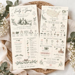 May include: Two vertical wedding program cards on cream paper with black ink illustrations and text. The left card details the wedding of Emily and James, including a chapel illustration, timeline, and ceremony order. The right card features a map of the USA, guest origins, couple interests, and story statistics.